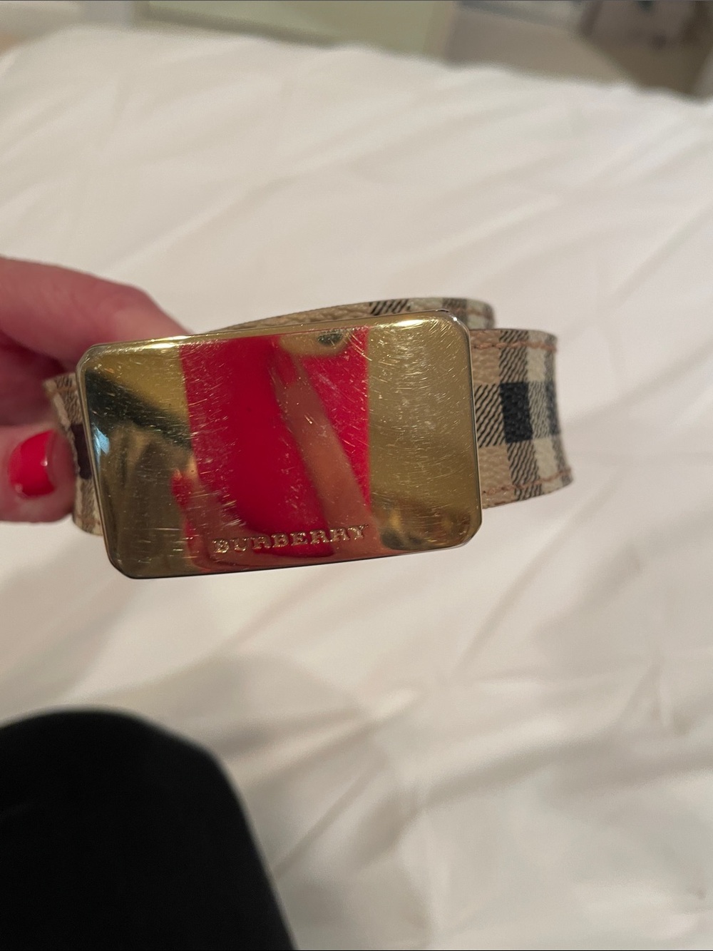 Authentic Burberry Gold Buckle Plaid Belt in Beige and Black. Size 85 - Picture 2 of 5